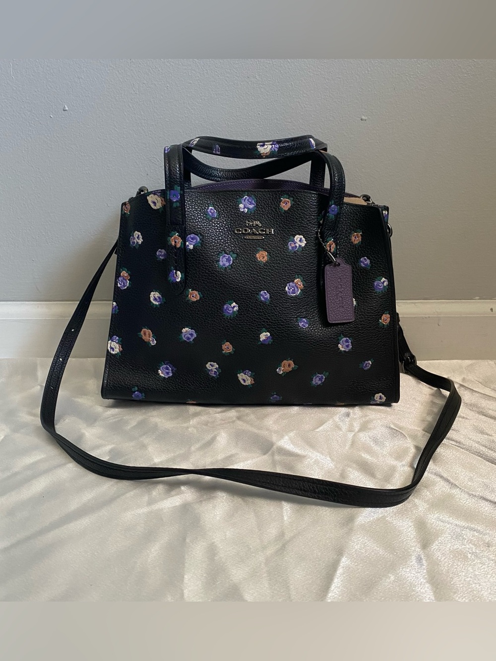 Coach Charlie Carryall 28 Inch Vintage Rose floral print black leather handbag